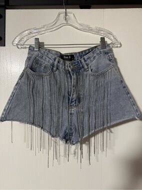 Blue B Women's Light Wash Denim Jean Shorts with Chain Fringe